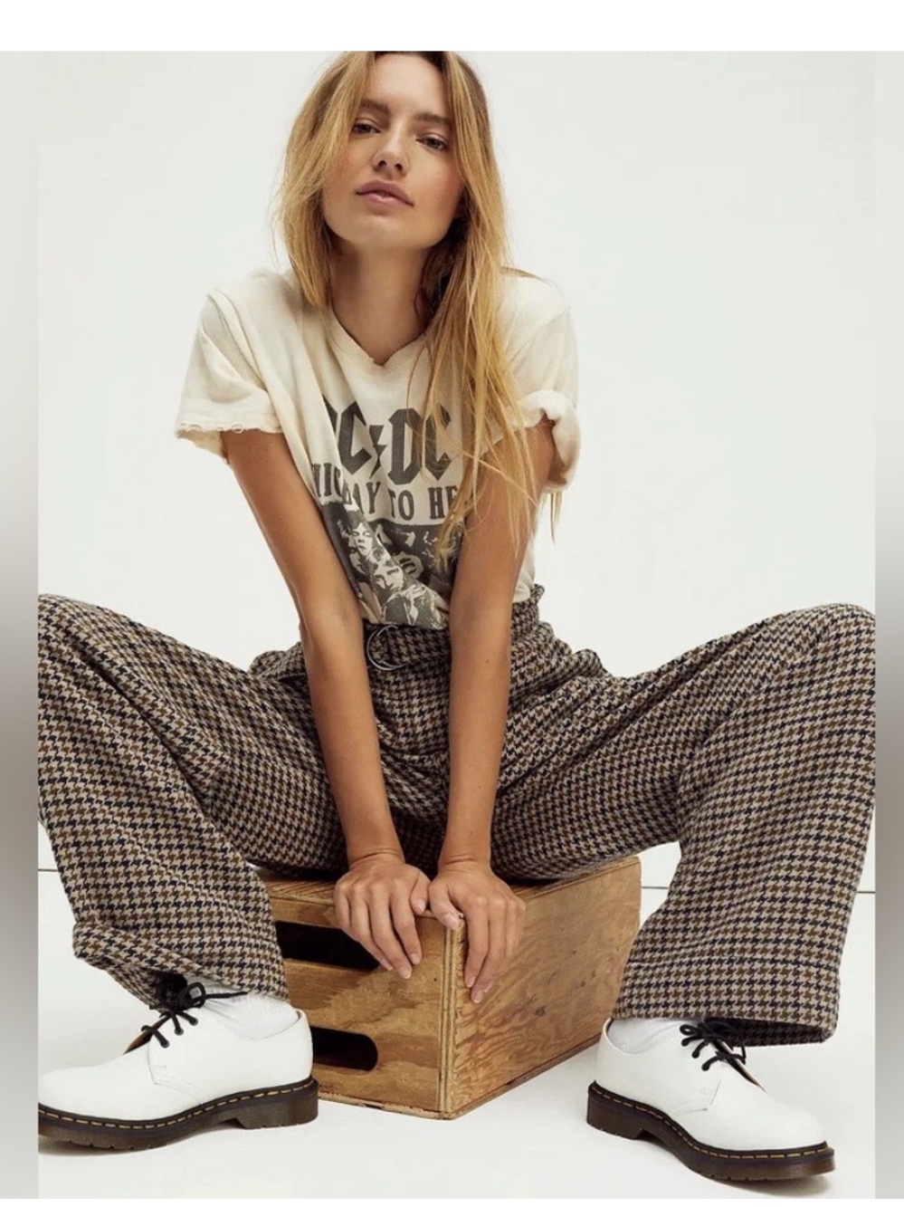 Free People Maryam Wide leg Brown Houndstooth trouser pants